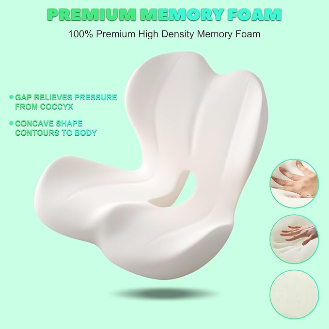 Buttocks Cushion for Office Chair Memory Foam Seat Pad for Butt Support Tailbone Relief Ergonomic Chair Cushion for Home Car Travel or Work (Off White)