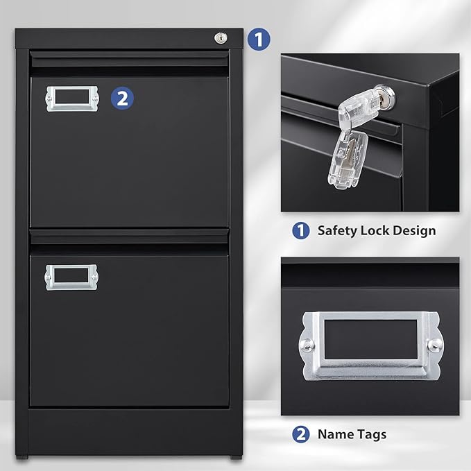 2 Drawer File Cabinet, Filing Cabinets for Home Office, Metal Vertical File Storage Cabinet with Lock, Locking File Cabinet for A4 Legal/Letter, 15.1" W x 17.7" D x 28.7" H, Assembly Required