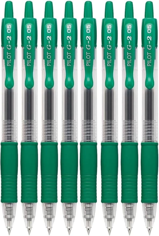 G2 Retractable Premium Gel Ink Roller Ball Pens Extra Fine Point (.5mm) Green Ink 8 pack; Refillable & Premium Comfort Grip Bundle with Plastic Reusable Pouch