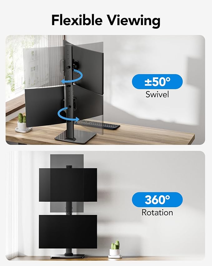 HUANUO Dual Monitor Stand, Vertical Monitor Mount for Two Screens 13 to 34 Inch, Freestanding Monitor Riser with Swivel, Tilt, Rotation and 13 Height Settings, Max Load 44 lbs, Max VESA 100x100