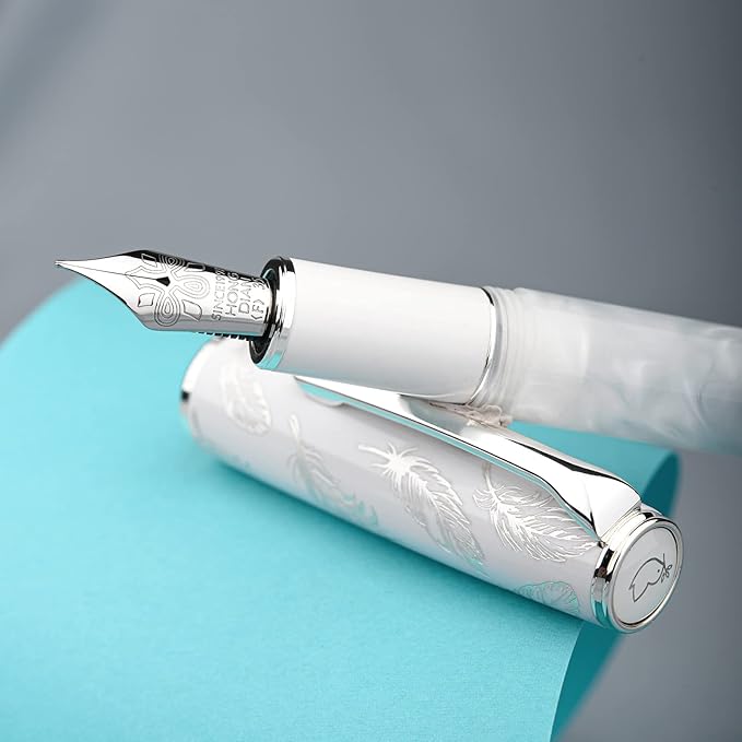 Hongdian N8 White Acrylic Resin Fountain Pen, Iridium Medium Nib Silver Plated Feather Carving Cap Smooth Writing Pen with Converter and Metal Pen Box Set