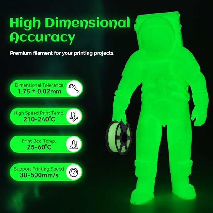 FLASHFORGE Glow in The Dark Rapid PLA Filament 1.75mm, High Flow Speedy 3D Printer Filament Luminous Green, Max 500mm/s High-Speed Printing, High Brightness and Long-Lasting Glowing Effect