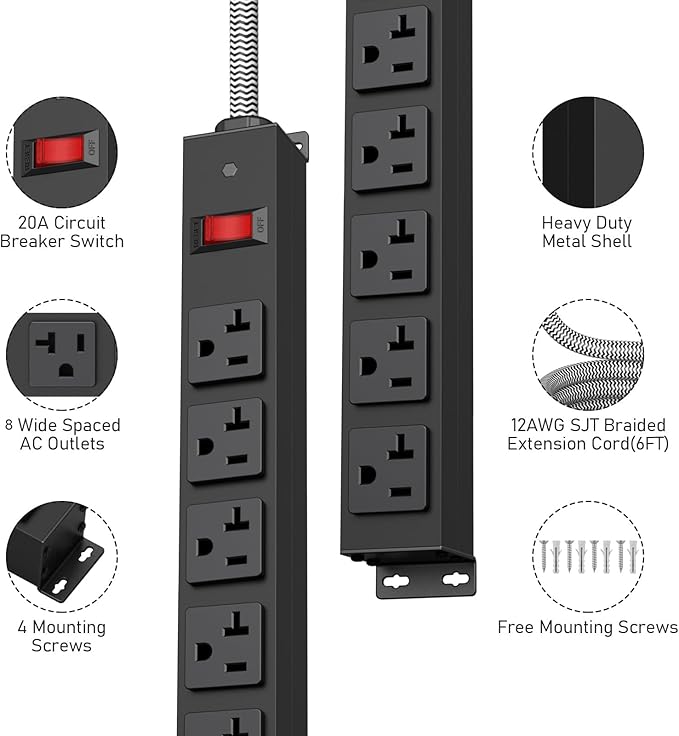 HEZI 20 Amp Power Strip Surge Protector 1200J, Metal 8 Outlets Heavy Duty 20amp, 10Ft 12 Gauge Extension Cord for Appliance Workbench Garage Industrial, Combine with T-Plug Adapter,5-20R T-Slot