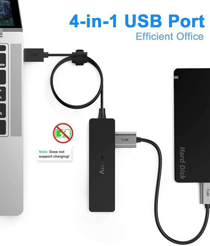 Aceele USB Hub 3.0 Splitter with 4ft Extension Long Cable Cord, 4-Port Ultra-Slim Multiport Expander for Desktop Computer PC, Laptop, Chromebook, Mac Mini, iMac, PS4, Flash Drive Data and More