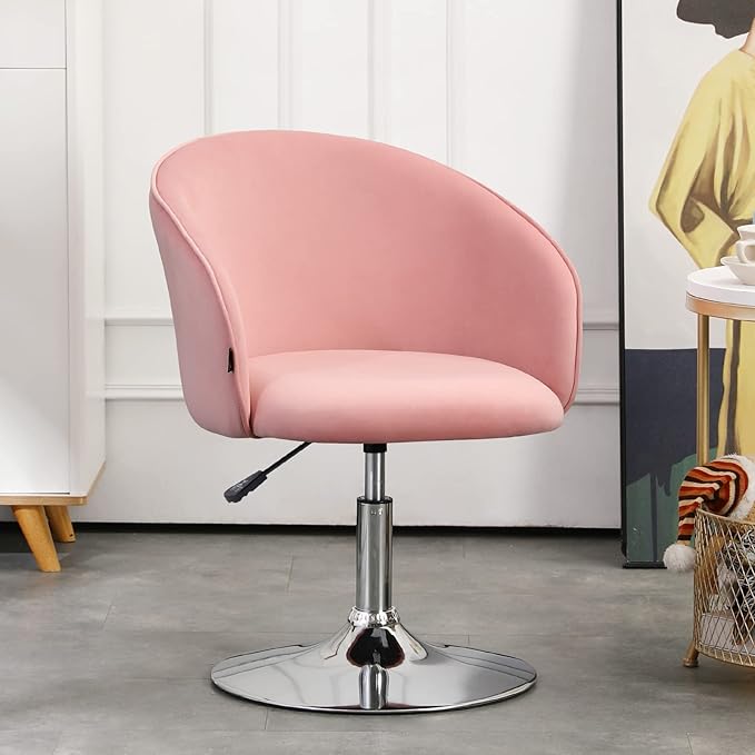 Furnimart Velvet Vanity Chair with Chrome Frame, Height Adjustable & Swivel, Pink - Living Room, Bedroom, Office