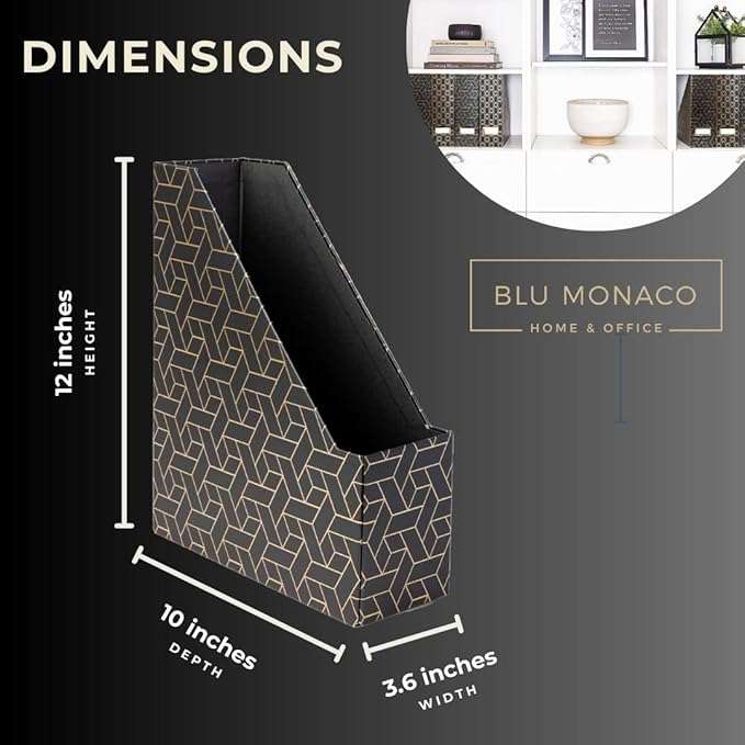 BLU MONACO Set of 4 Stylish Black & Gold Geometric Magazine File Holders with Gold Label Holders – Desk or Bookshelf Storage for Home, Office, Classroom Organization and Décor