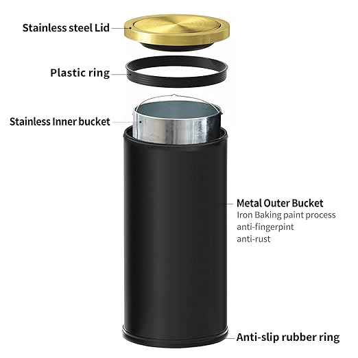 Brushed Gold Kitchen Trash Can with Swing Lid 7.8Gallon,Stainess Steel Commercial Garbage Can Wastebaskets for Shopping mall,Hotel Lobby,Airport, Alevator Using (Black with gold lid, 7.8 gallon)
