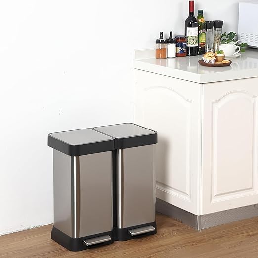 13 Gallon Dual Compartment Trash Can, 2 x 25L Fingerprint Resistant Stainless Steel Kitchen Garbage Can with 2 Soft-Close Lid & Foot Pedal for Kitchen Office Bathroom, Without Inner Bucke