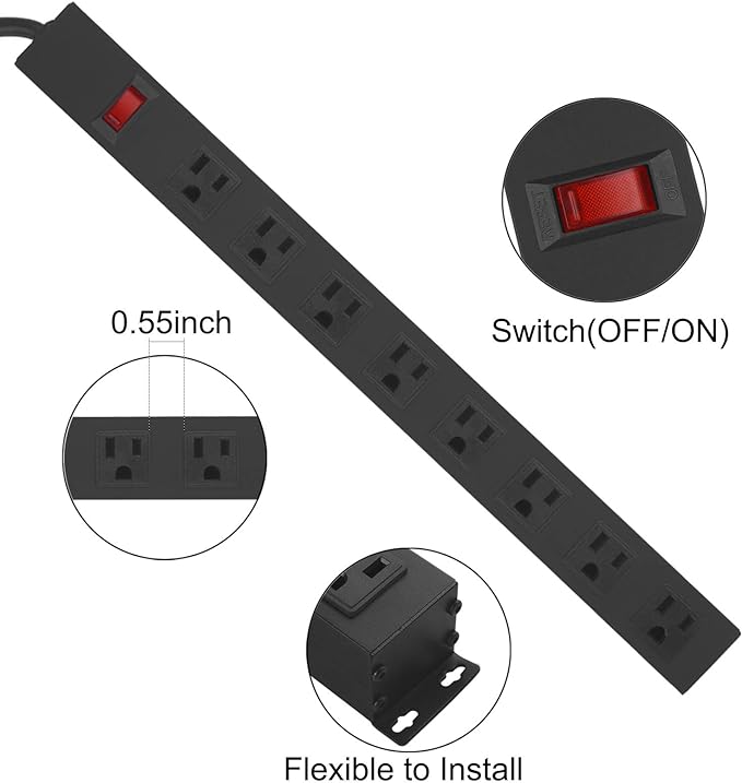 2Pack Metal 8 Outlet Mountable Power Strip, Wall Mount Outlet Heavy Duty, Wide Spaced Commercial Shop Power Strip with Switch, 15 FT SJT 14AWG Power Cord.