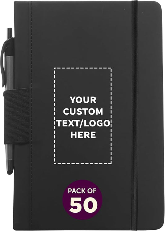 DISCOUNT PROMOS 50 Executive Notebooks with Pen Pack - Customizable Text, Logo - 6 x 8.5 inches, Recycled, Pen Loop, Closure Strap - Black