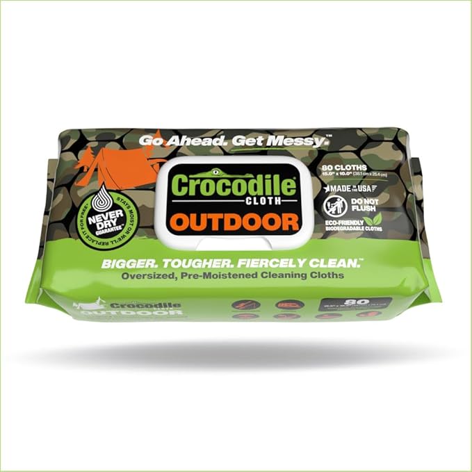 Crocodile Cloth Outdoor Cleaning Wipes – 8 Packs/640 Total Count Plant-Based Cloths (15"x10"), Skin Safe, Pre-Moistened, Aloe & Vitamin E Infused, Large, Absorbent, Multi-Surface Disposable Wipes