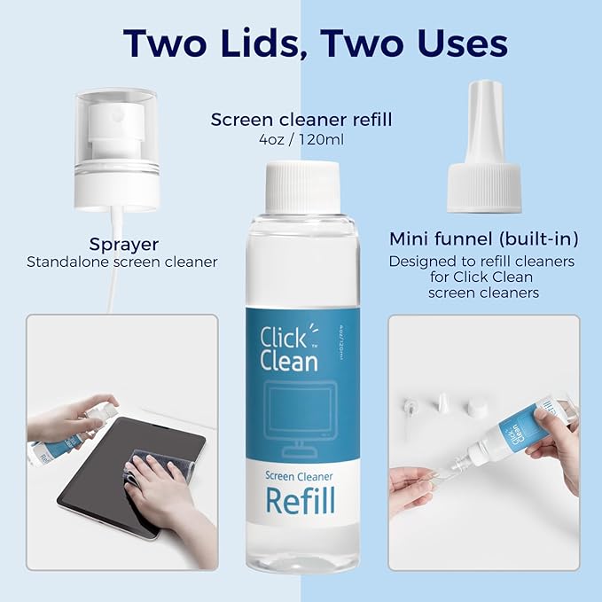 Click Clean Screen Cleaner Kits - 4 All-in-One Screen Cleaner with 4 oz Cleaner Refill, 1 Microfiber Cloth(7.8 x 7.8in), 1 Mini Refill Funnel, and 1 Sprayer - for All Phones, Laptop and Tablet Screens