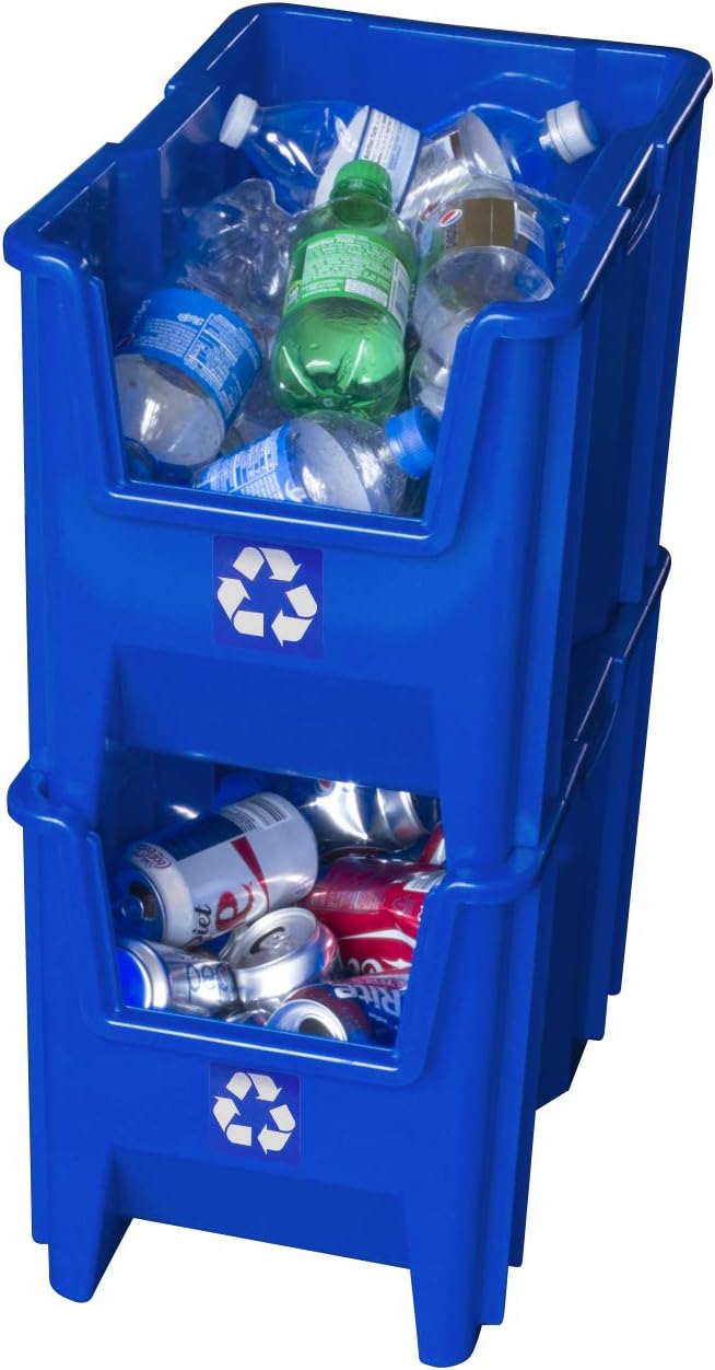 Commercial Industrial Heavy Duty Stackable Open-Front Recycling Bin Box Containers, 7 Gallon, 4 Pack, Blue