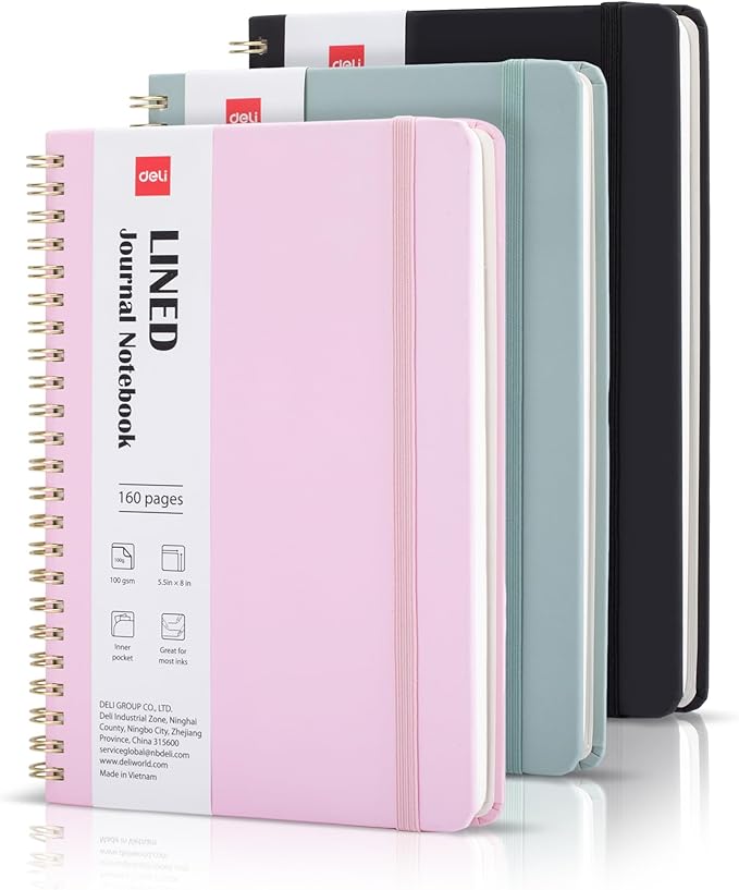deli 3-Pack Lined Spiral Journal Notebook, 160 Pages, A5 (5.5"x8") Hardcover Writing Notebook, College Ruled Spiral Bound Journal for Women & Men - Perfect for Work, School, Office & Note Taking
