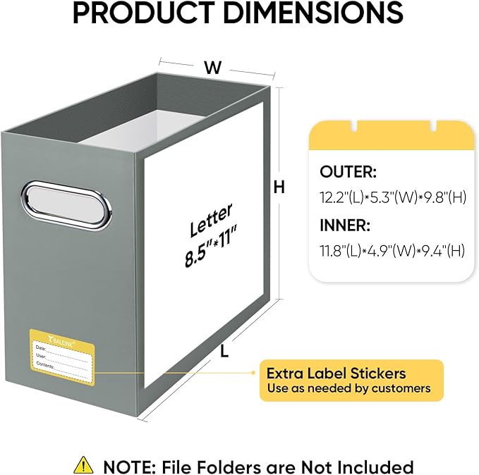 BALEINE File Organizer Box, Cardboard File Folder Organizer with Handle for Letter Size, Portable Collapsible Hanging Filing Box for Home Office Document Storage (2 Pack, Grey)