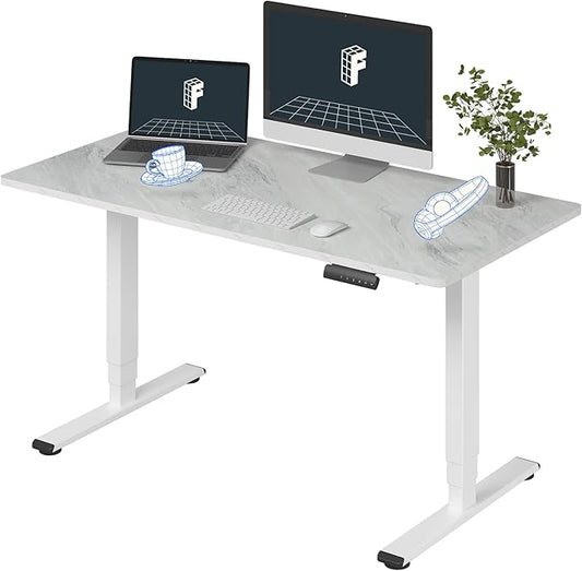 FLEXISPOT E6 Essential 3 Stages Dual Motor Electric Standing Desk 55x28 Inch Whole-Piece Board Height Adjustable Electric Sit Stand Desk（White Frame + Grey Wood Grain Desktop, 2 Packages）