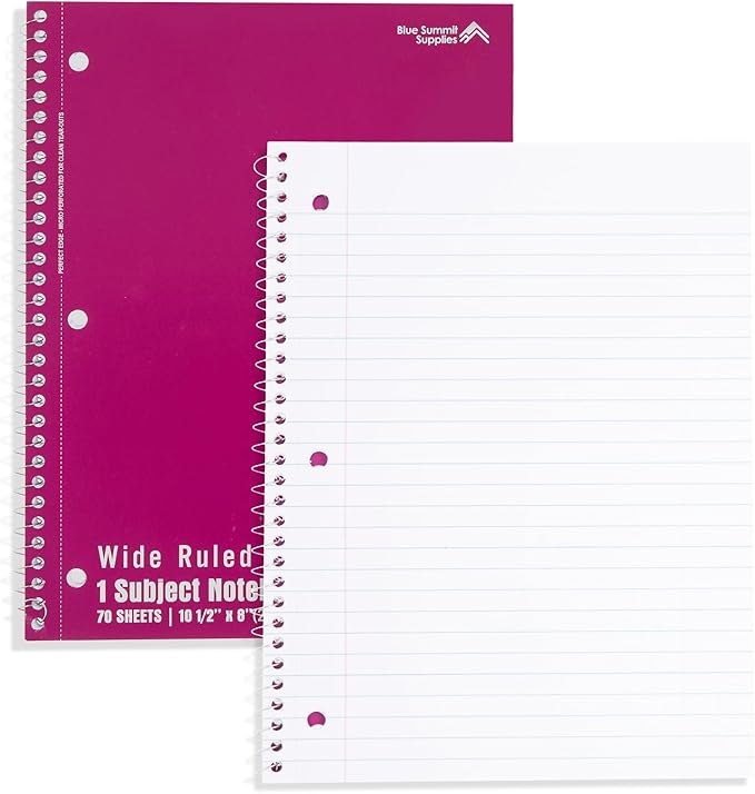 Blue Summit Wide Ruled Spiral Notebook, 1 Subject Spiral Notebook Wide Ruled, Paper School Notebooks Bulk, 12 Pack