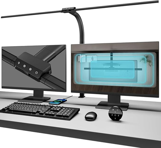Double Head Desk Light with Clamp, LED Desk Lamp with Remote Control, Tall Double Head Desk Lamp with Clamp, 10 Brightness Modes & 10Colors, Adjustable Desk Light for Work & Study