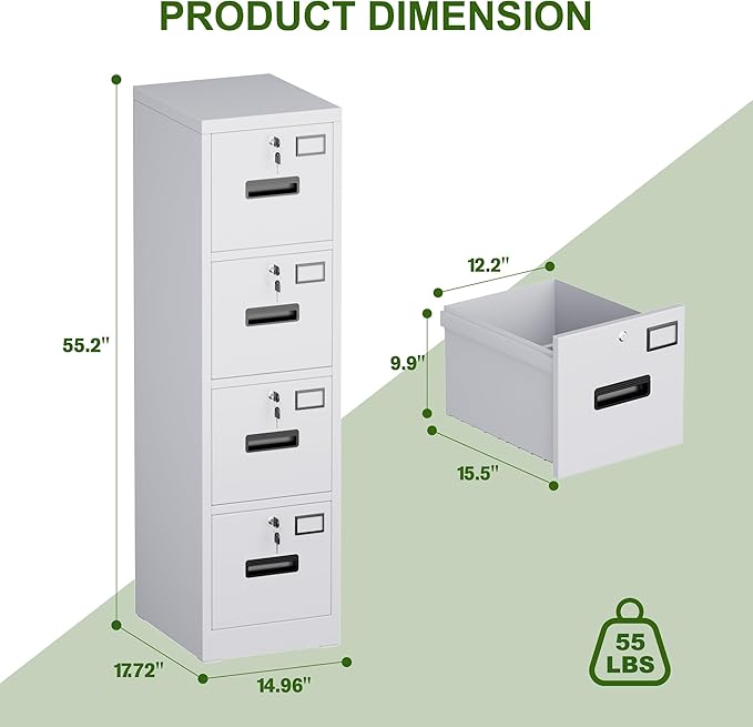 Aobabo 4 Drawer File Cabinet, Metal Filing Cabinet with Lock, Suitable for Home Office School Hanging Files Letter/Legal/A4 Size,White,Required-Assembly,17.72" D x 14.96" W x 55.2" H