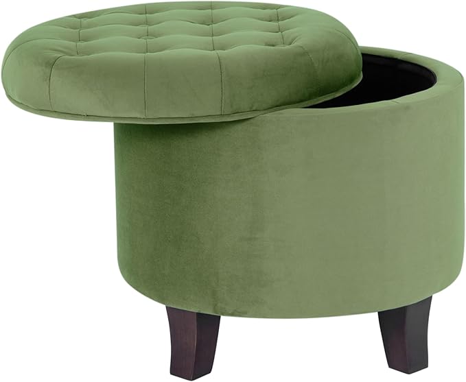 HomePop by Kinfine Fabric Upholstered Round Storage Ottoman - Velvet Button Tufted Ottoman with Removable Lid, Dark Green Small