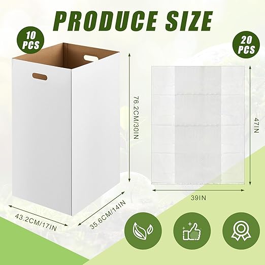 10 Pack 30 Gallon Corrugated Cardboard Trash Cans Bulk for Events Parties Disposable and Reusable Cans Bottle Recycling Bins with 20 Garbage Bags White Garbage Boxes for Outdoor Events