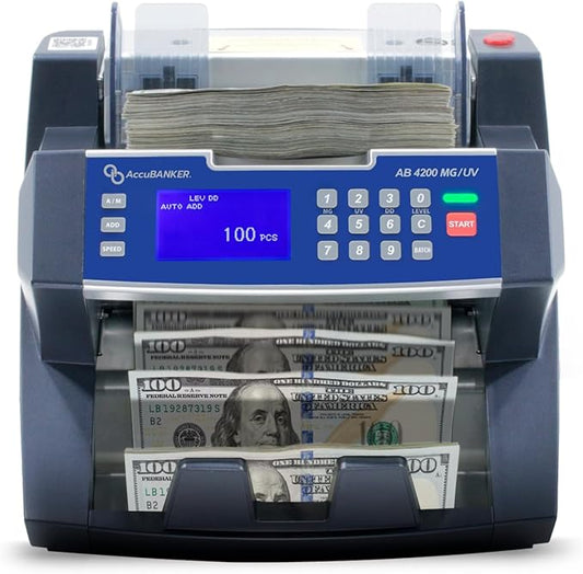 AccuBANKER AB4200MGUV Bill Counter Machine, 300 Bills Hopper Capacity Variable Counting Speeds up to 1,800 Bills/Min with 3-Point Counterfeit Detector Magnetic Ultraviolet, Commercial Grade, UL & CE