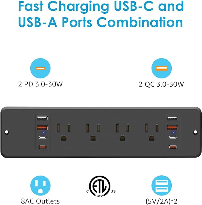 HHSOET 8 Outlet Recessed Power Strip, 30W Fast Charging Furniture Power Outlet USB C, Flush Mount Surge Protection Socket with 4 USB-A and 4 USB-C, 10ft Power Cord. (Black)