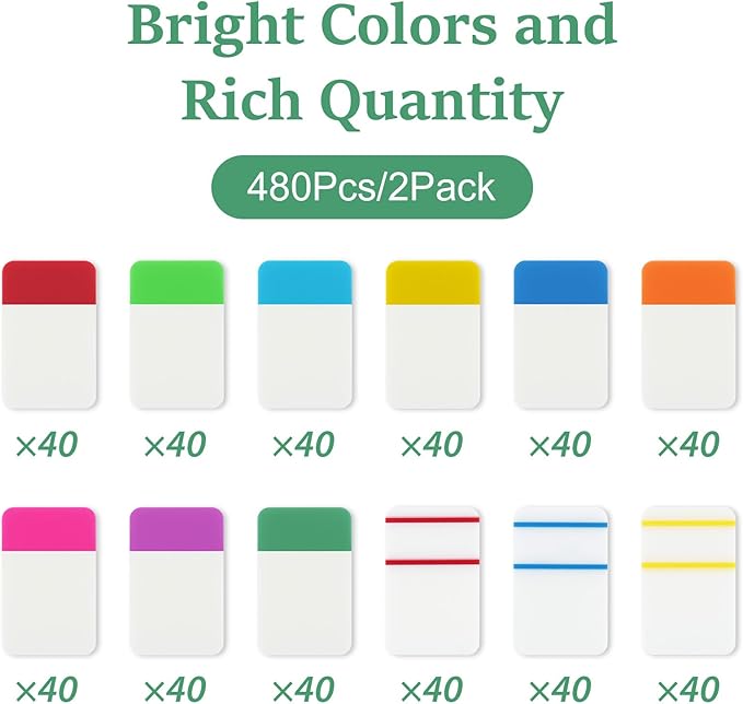 480 Pcs Index Tabs, Colored Sticky Index Tabs Transparent Waterproof Tabs for Books, Writable Repositionable Sticky Tabs for Books Suitable for Binders, Folders, Files, Books