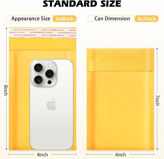 52Pack Yellow 4x8inch Kraft Bubble Mailers Small Business Mailing Packages Self-Sealing Paper Envelopes, Mailer Shipping package Strong Adhesion Padded Envelopes for Jewelry Makeup Supplies