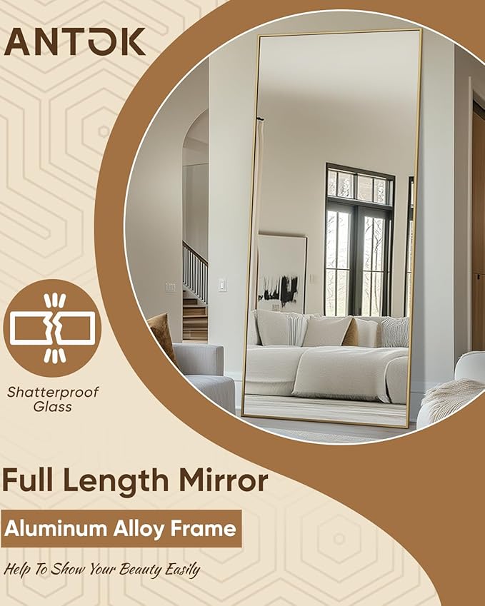 Antok Full Length Mirror, 71"x32" Floor Mirror, Floor Standing Freestanding Full Body Mirror with Stand for Bedroom, Hanging Mounted for Living Room Cloakroom, Gold
