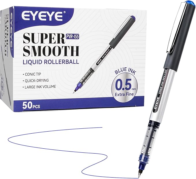 EYEYE 0.5mm Rollerball Pens Blue, 50 Pack Extra Fine Point Liquid Ink Roller Ball Pen Quick Dry, Blue Ink Pens Fine Point Smooth Writing Pen for Journaling, Note Taking, Office, School Supplies