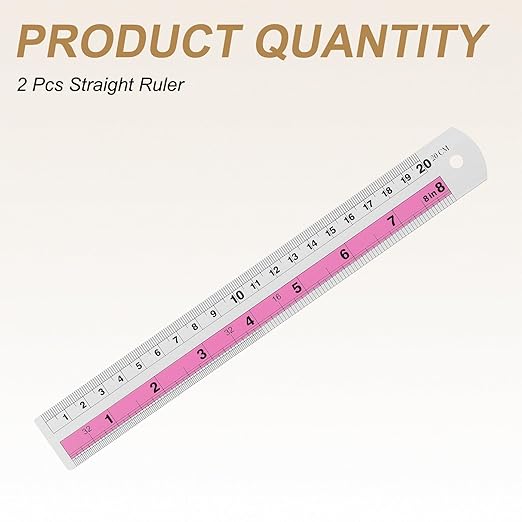 HARFINGTON 2pcs Metal Straight Ruler 20cm Metric SAE Aluminum Alloy Measuring Rulers Scale Tools with Hole for Measure Study Reading Classroom Office, Pink