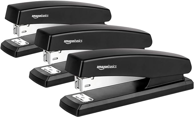 Amazon Basics Desktop Stapler with 1000 Staples, Office Stapler, Lightweight, Easy to Use, 25 Sheet Capacity, Non-Slip, Black, 3 Pack