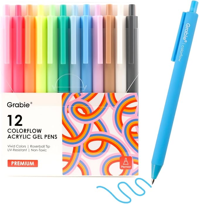 Grabie Acrylic Gel Pens, 0.6mm Fine Point Retractable Gel Pens for Journaling Note Taking, Pack of 12