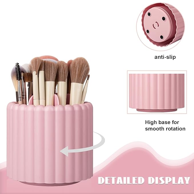 Anyoifax 360 Rotating Makeup Brush Holder 7 Slots Make Up Brush Organizer Removable Spinning Cosmetic Brushes Storage Pen Holder for Vanity, Dresser, Desk, Pink