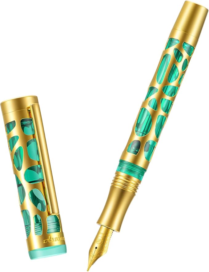 Asvine V169 Vacuum Filling Fountain Pen Iridium Fine Nib, Water Drop Skeleton Gold Trim Transparent Green Acrylic Pen Case Set