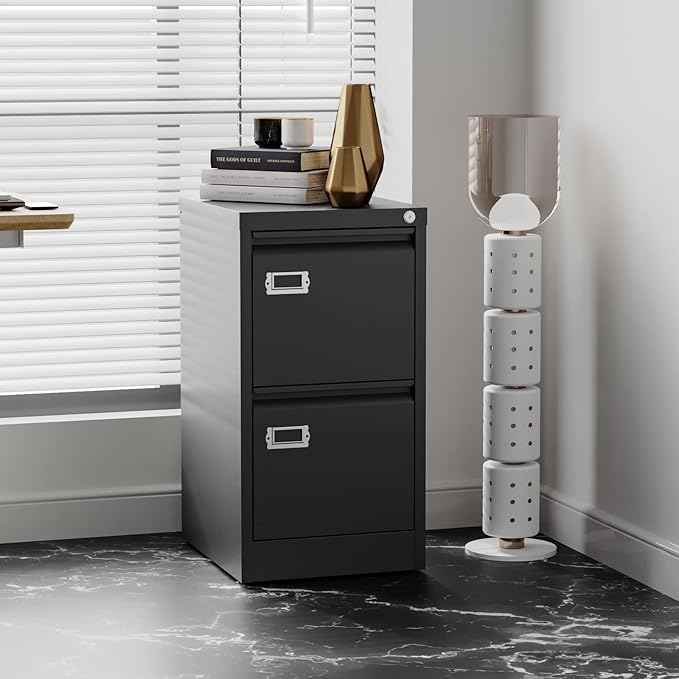 2 Drawers Vertical File Cabinets - 17.8" Deep Lockable Filing Cabinet - Black Metal Storage Cabinets for Home Office to Hanging Files Letter/Legal/F4/A4 Size