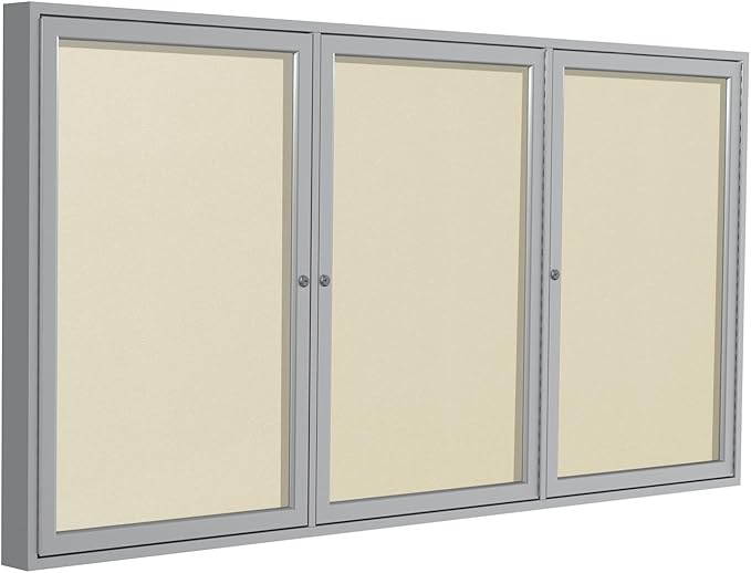 Ghent 36"x72" 3-Door Outdoor Enclosed Vinyl Bulletin Board, Shatter Resistant, with Lock, Satin Aluminum Frame - Ivory (PA33672VX-185), Made in the USA
