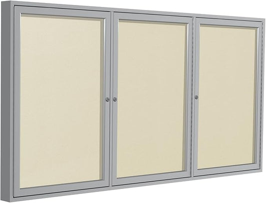 Ghent 36"x72" 3-Door Outdoor Enclosed Vinyl Bulletin Board, Shatter Resistant, with Lock, Satin Aluminum Frame - Ivory (PA33672VX-185), Made in the USA