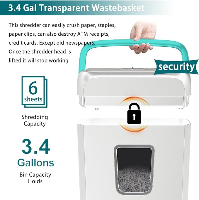 Bonsaii High Security Shredding Paper Shredder, 6-Sheet Cross-Cut, Credit Card Shredder, Home Office, Handle for Document, Mail, Staple, 3.4 Gal Wastebasket, White & Blue(C237-B)