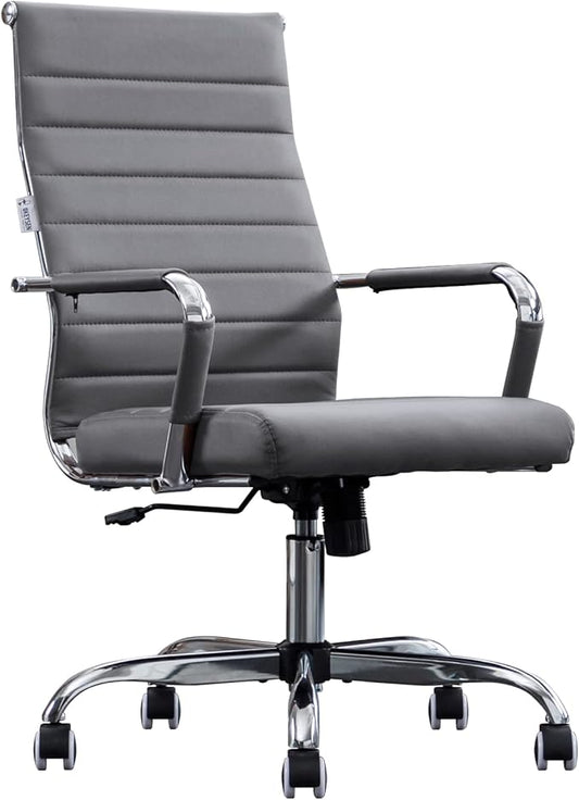 Home Office Chair Ribbed, Modern Leather Conference Room Chairs, Ergonomic Office Desk Chair, High Back Executive Computer Chair, Adjustable Swivel Chair with Arms (Grey)