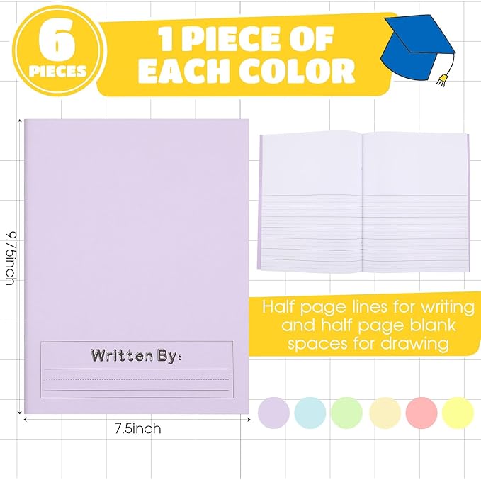 Henoyso 6 Pcs Primary Composition Notebook K-2 9 3/4 x 7 1/2 Inch Primary Journal, Back to School Supplies, Bulk Blank Writing Book for Kid to Write Draw Journal 60 Page Notebooks (Pastel Color)