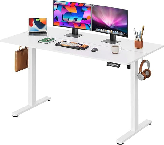 DEVAISE 55 Inch Electric Standing Desk, 3 Adjustable Height Stand up Desk for Home Office, Ergonomic Sit to Stand Desk with LED Touchscreen, Headphone Hook, 3 Memory Preset Computer Desk (White)