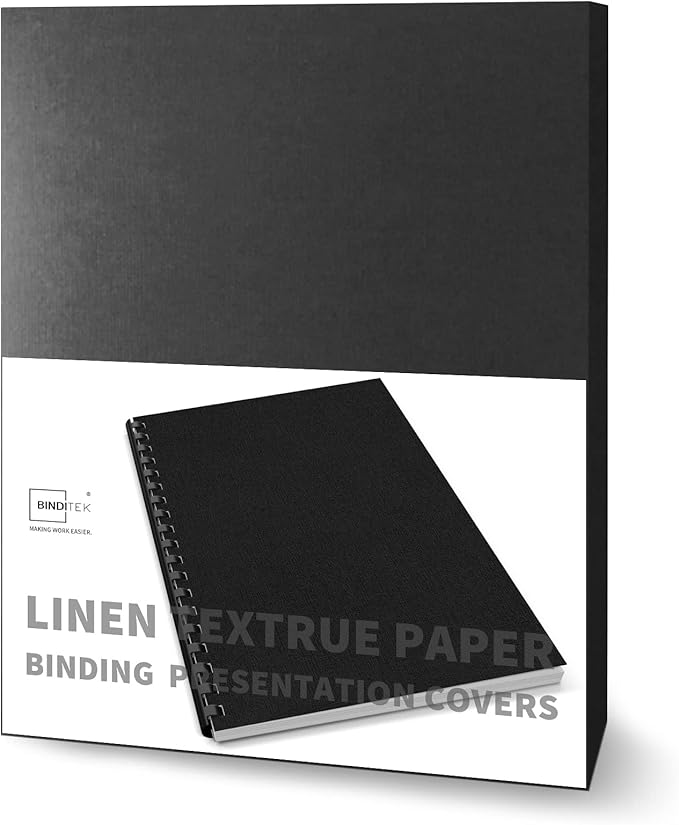 Binditek 50 Pack 13 Mil Slight Linen-Texture Paper Binding Presentation Covers, 90lb, 8-1/2 x 11", for Business Documents, School Projects, Un-Punched, Black