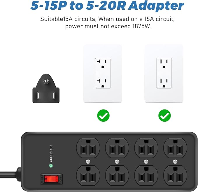 HEZI 8 Outlet Heavy Duty Power Strip, 15Amp Metal Mountable Surge Protector (2700J), Industrial Wall Mount Power Strip for Home, Office, Garage & Workshop, 6FT 14AWG Extension Cord
