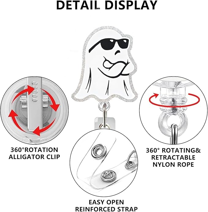 Halloween Badge Reel Holder Retractable Little Ghost Badge Reels Designs Cute and Cool ID Badge Clip Acrylic Swivel Alligator Holders for Teacher Doctor Office Nursing Social Worker Accessories