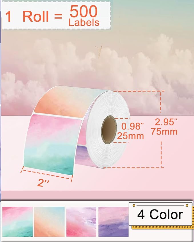 2''×2'' Square Thermal Sticker Labels, Self-Adhesive 2 Inch Direct Thermal Labels, Multi-Purpose Sticker for DIY Logo Design,Name Tag,QR Code, 500 Labels/1 Roll, Nebula