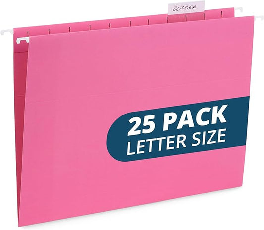Blue Summit Supplies 25 Pink Hanging File Folders Letter Size, Reinforced Hanging File Folders Pink, Designed for Home and Office Color Coded Organization