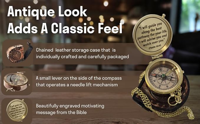 Brass Compass Engraved with Religious Scripture Verse - Ideal Gift for Son, Grandson, Daughter - Perfect for Baptism, Communion, Church and Graduation Day Present