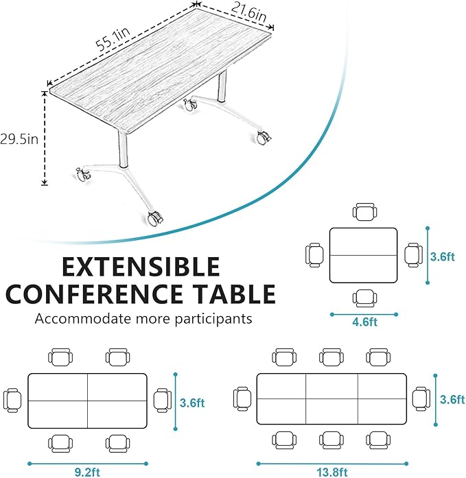 Conference Room Table, Folding Conference Tables,Thicken Grey Tabletop,Flip Top Wooden Seminar Meeting Room Table for Conference Room Offices (6, Black+White, 55.1”)